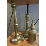 Pair of Victorian telescopic brass candlesticks and a brass French "Pigeon" lamp