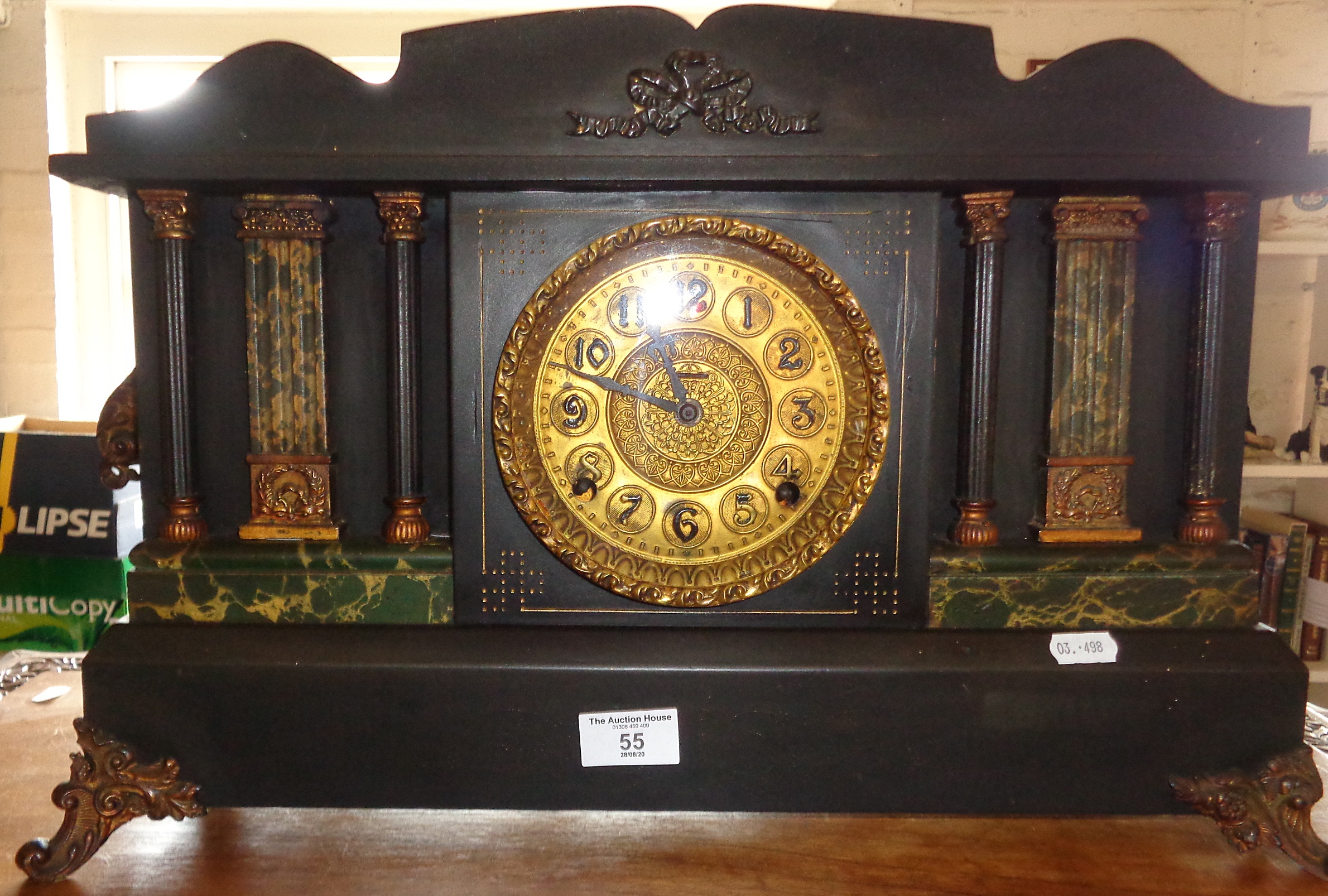 Faux marble and slate wood cased mantle clock with 2-spring movement striking on a bell