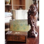 Modern Chinese carved wood figural table lamp, an Indian painted wood dome top stationery box and
