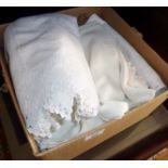 Box of linen tablecloths, some lacework