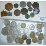Assorted old coins and badges, inc. a tortoiseshell and silver badge - CIVIL SERVICE RIFLES, some