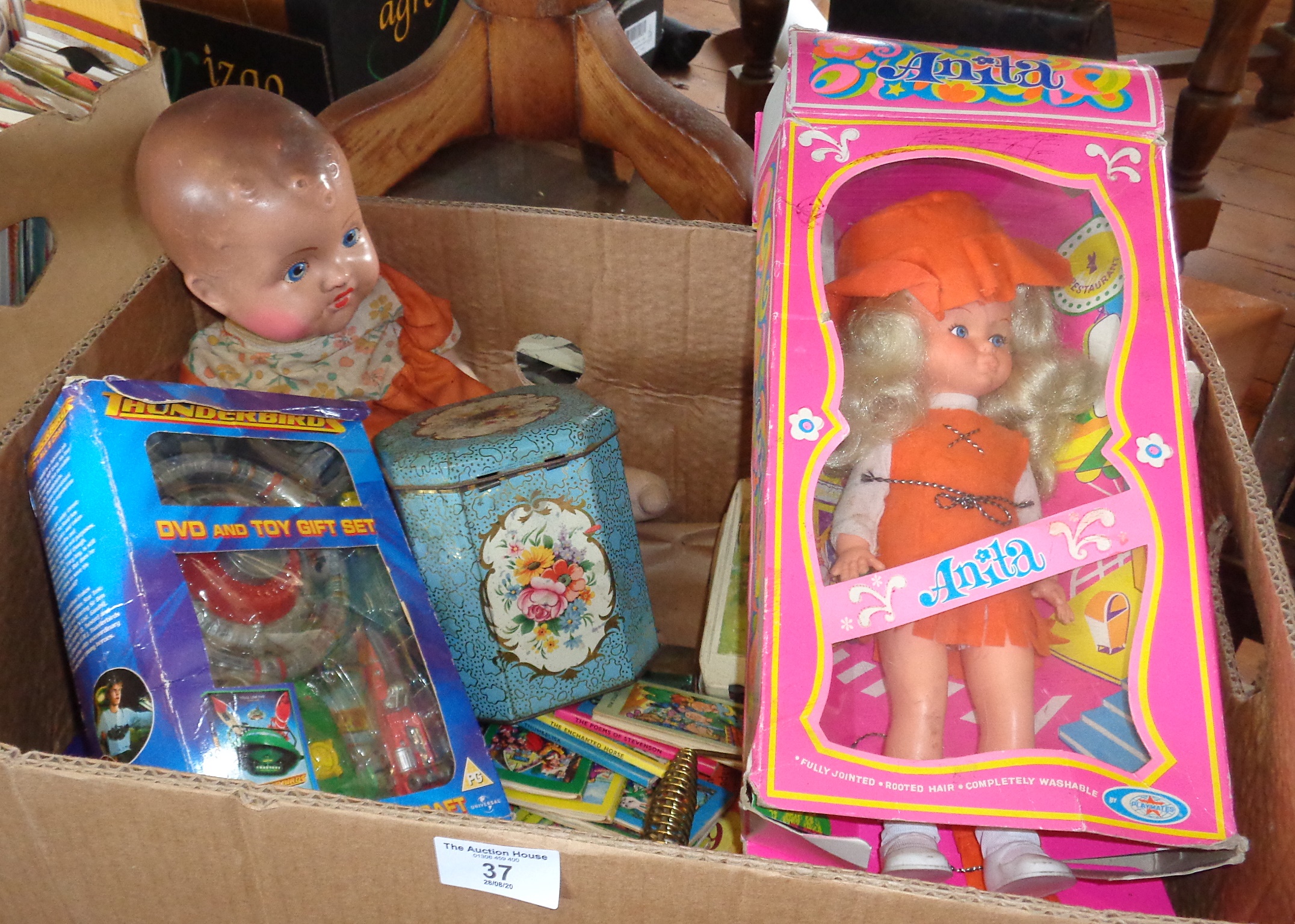 Playmate Anita doll, another vintage doll, assorted toys and 8-track tapes