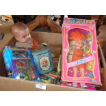 Playmate Anita doll, another vintage doll, assorted toys and 8-track tapes