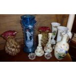 Three pairs of Victorian coloured glass vases, an opaque jug with overlay decoration and a blue