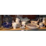 Shelf of assorted blue and white transfer pottery and china