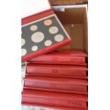 Five Royal Mail United Kingdom Proof Sets of 12 coins in red leather cases, for the years 2001-2003,