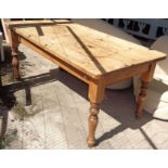 Large pine farmhouse kitchen table on turned legs, 72" x 36"