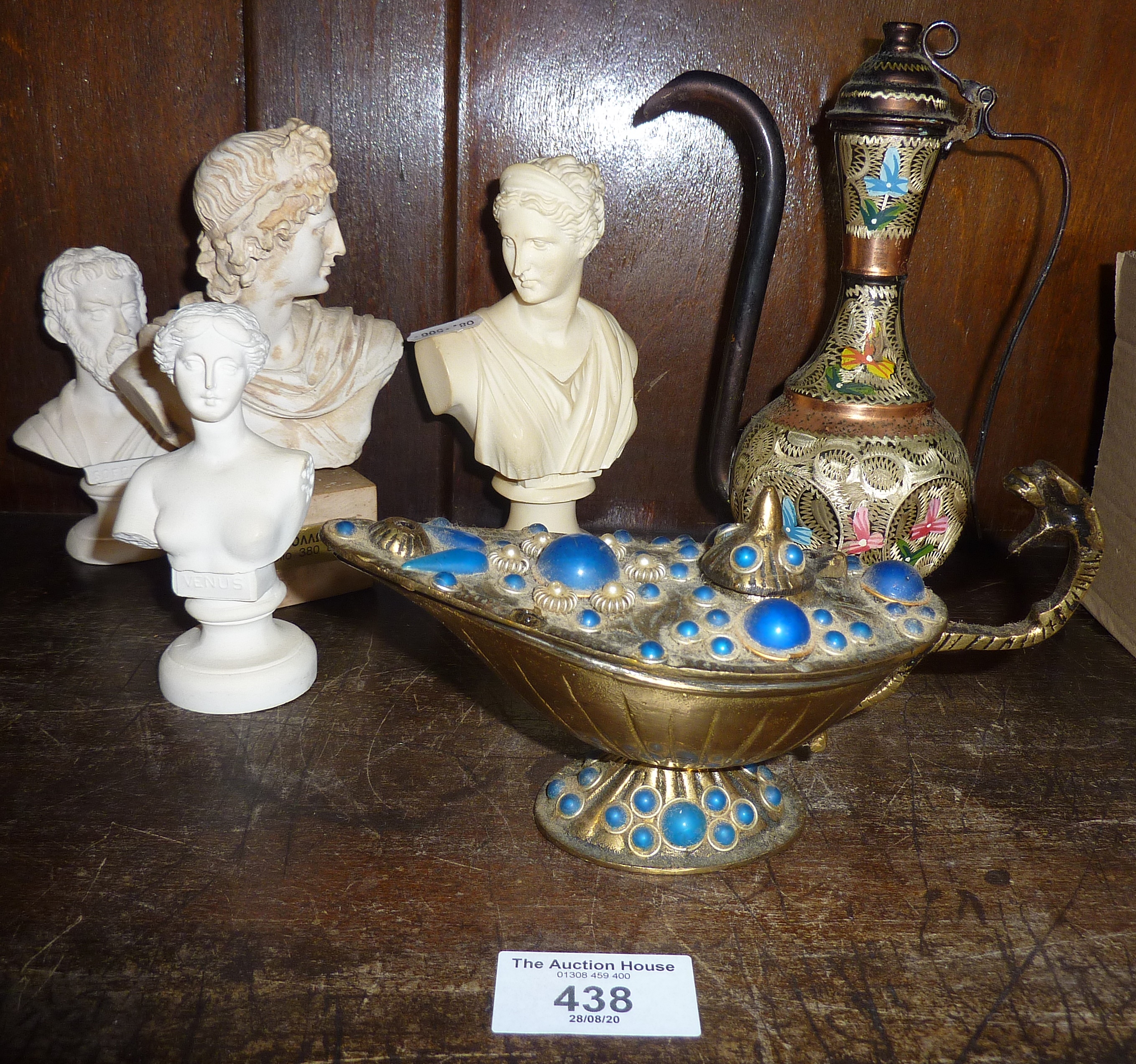 Four small resin classical busts, a brass 'Aladdin' spirit lamp encrusted with blue stones