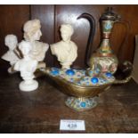 Four small resin classical busts, a brass 'Aladdin' spirit lamp encrusted with blue stones