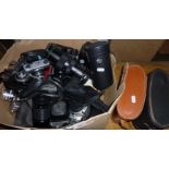 Box of assorted cameras and cased binoculars