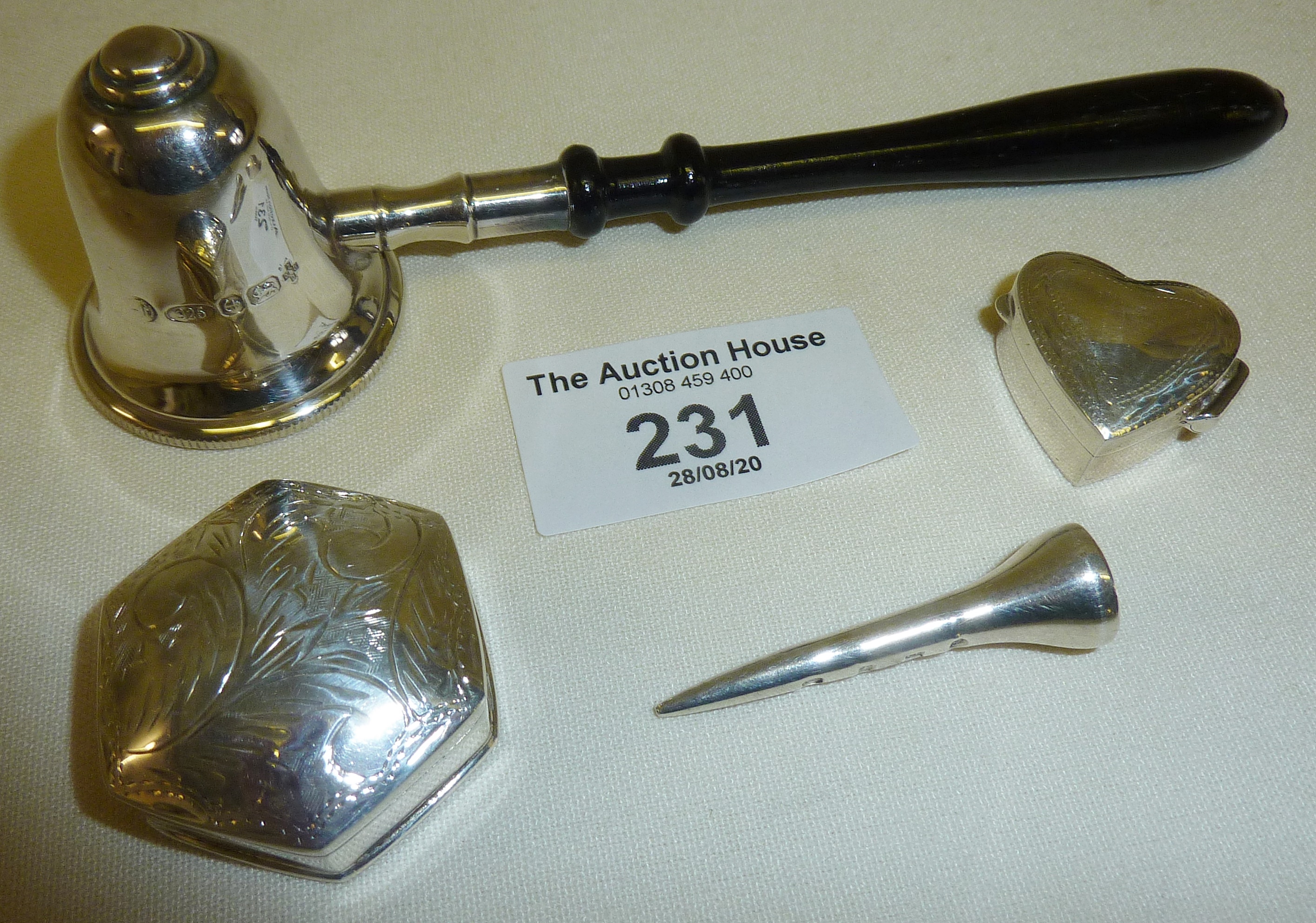 Contemporary hallmarked Sterling silver pieces - a Millennium candle snuffer, silver golf tee and