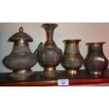 Group of Indian or Tibetan bronze vessels and pots, decorated with Buddha type figural panels