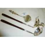 Two German silver toddy ladles and an ornate .800 Continental silver tea infuser with harpy to