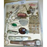 Two vintage genuine pearl necklaces, mother of pearl penknives (one a multi-tool, bottle shaped),
