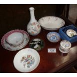 Chinese porcelain dishes and saucer, Wedgwood Kutani china and a foilwork pin dish