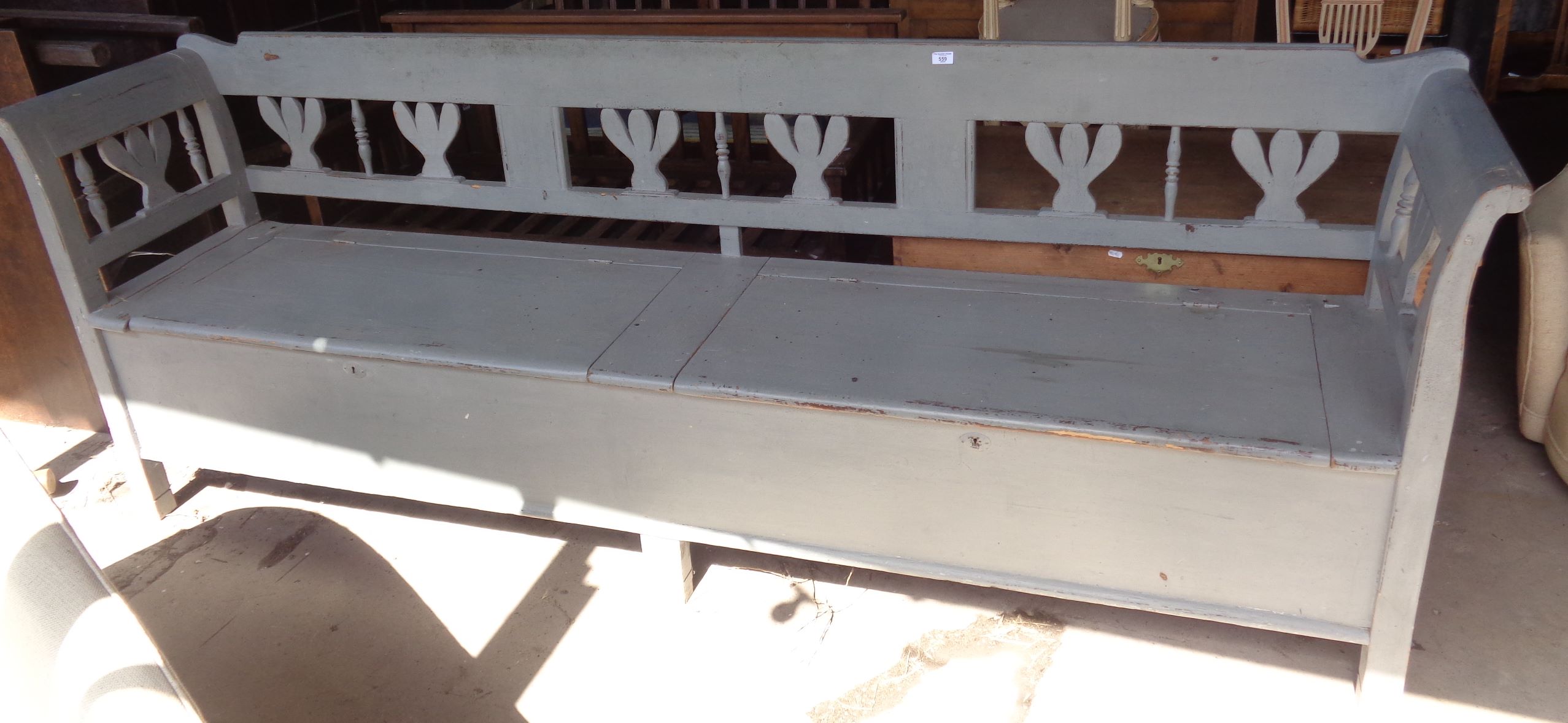 19th c. painted pine bench with storage under, 8' 6" long