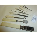 Nine antique utensils and manicure tools etc., with bone and mother-of-pearl handles. Inc.