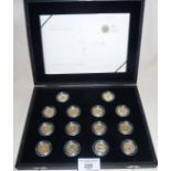 Royal Mint 25th Anniversary collection of 14 silver proof 2008 £1 coins, mint in case with COA's and