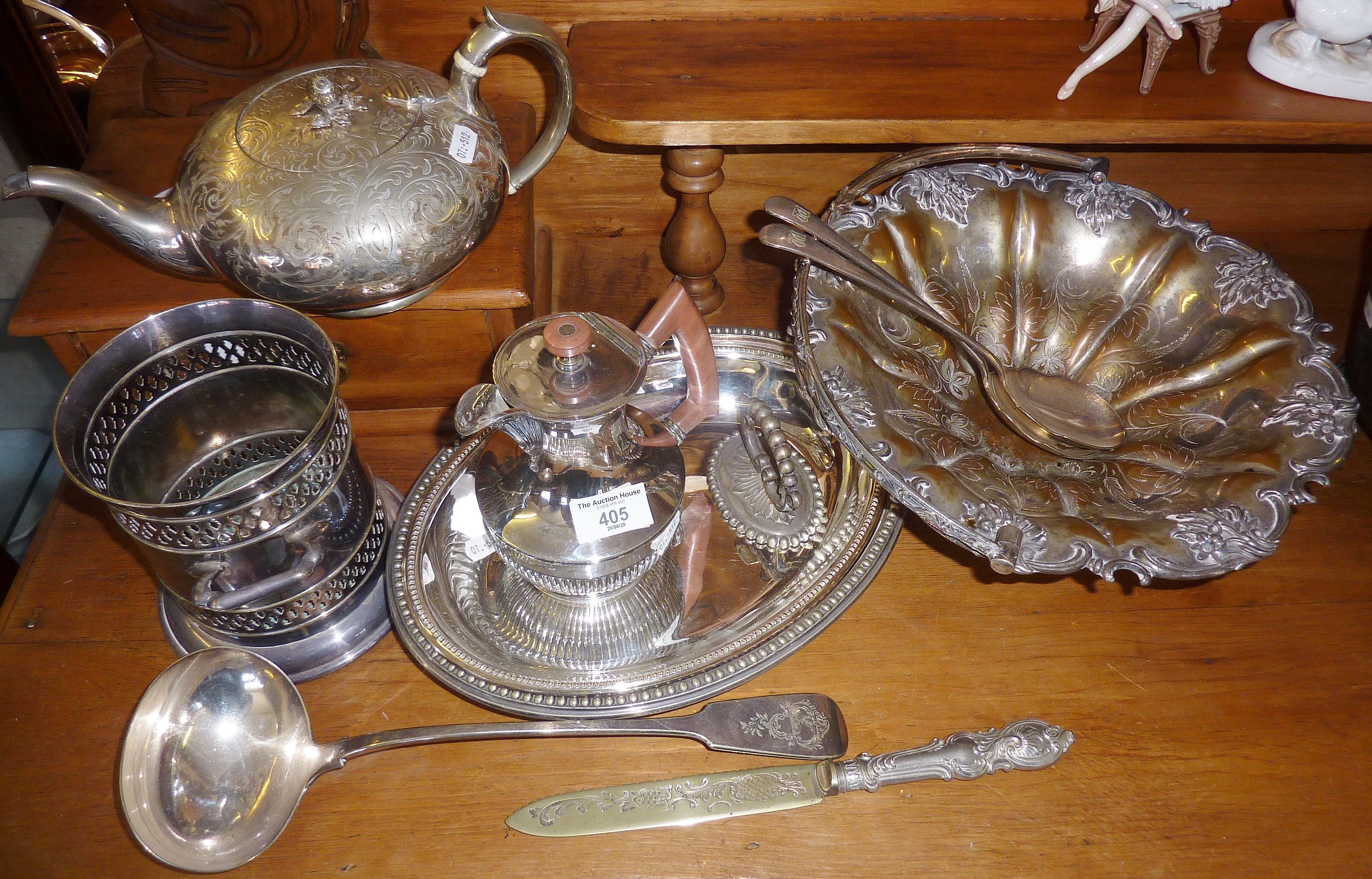 Various silver plated items, inc. ladle, tureen, coffee pot, wine bottle holder, teapot, etc.