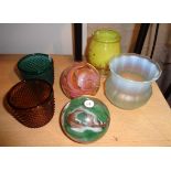 Two glass paperweights, two Victorian night lights, small satin glass lampshade and a yellow glass