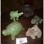 Chinese agate brush washer and four jade/hardstone figures of animals