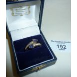 14k gold ring set with diamonds and blue stones, approx. size UK "M"