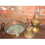 Brass jam pan, hanging door bell inscribed 'Titanic 1912' and an oil lamp