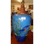Large Torquay ware table lamp base with dark blue glaze and decorated with birds, 19" tall
