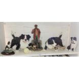 Two large resin Collie dogs, a similar Shepherd and Collie and two others