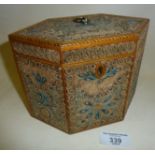 Fine Regency hexagonal rolled paper and brass wire tea caddy with satinwood interior lid inlaid with