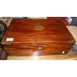 Large brassbound mahogany writing slope with fitted interior, inkwells and drawer