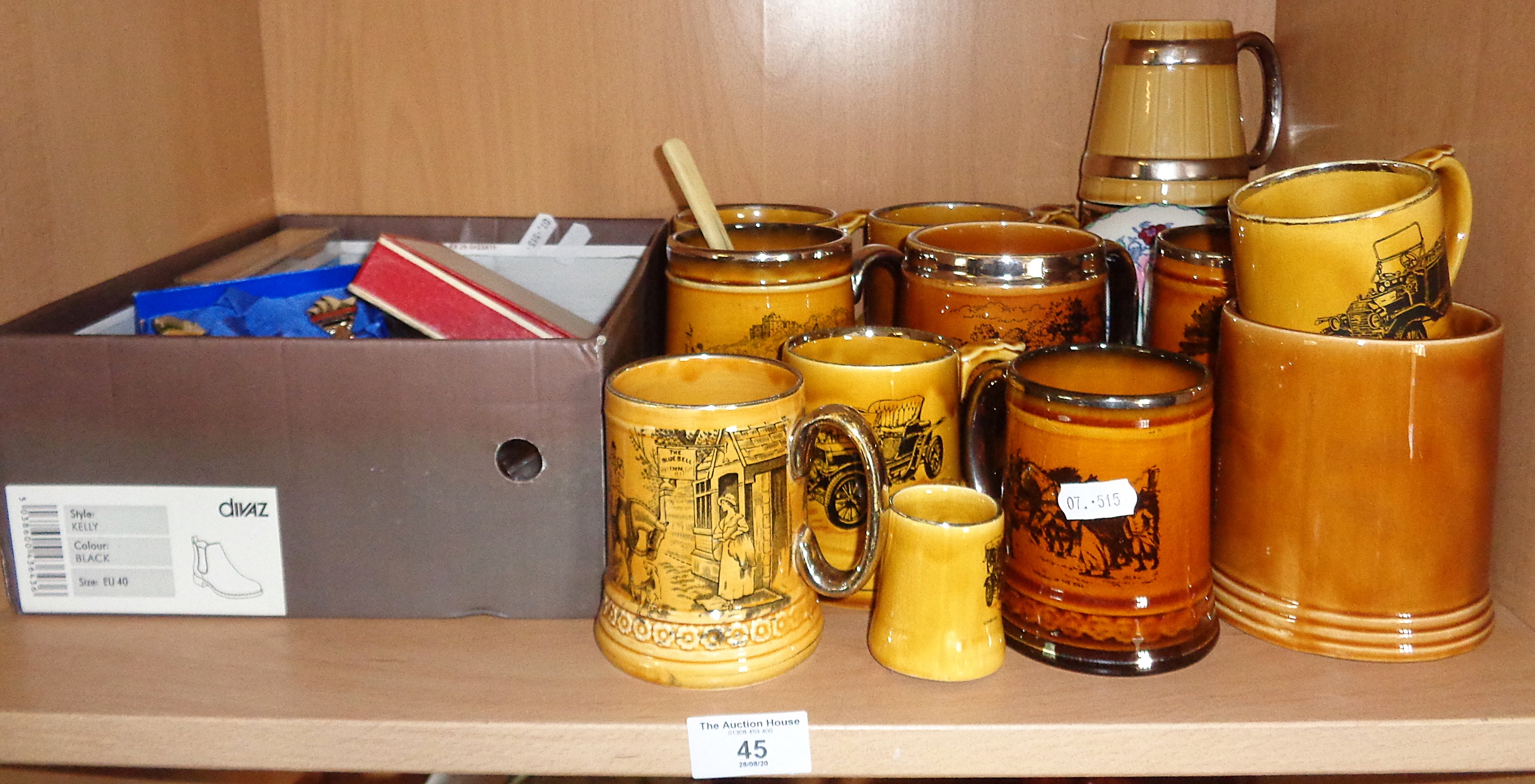 Collection of honey glazed pottery hunting and souvenir tankards and a large quantity of souvenir