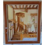 Large oil on canvas of a cottage interior scene titled verso 'The Lavender Girl', signed Stephen (