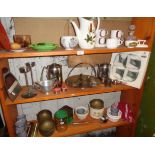 Three shelves of assorted kitchenalia and stainless, inc. Midwinter Stylecraft coffee pot etc.