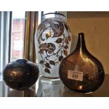 Two Isle of Wight glass vases and a frosted glass with gold and silver overlay decoration, signed '