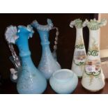 Victorian painted glass vases and pair of jugs etc. (one shelf)