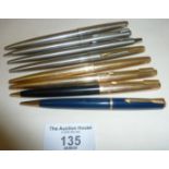 Parker brushed steel and rolled gold ballpoint pens and propelling pencils, inc a Parker 65