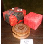 Small red lacquer box, Japanese lacquered box and a turned wood Treen pill box