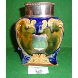 A good Doulton Lambeth Art Nouveau tea caddy with hallmarked silver lid and mount, 5" tall (damaged