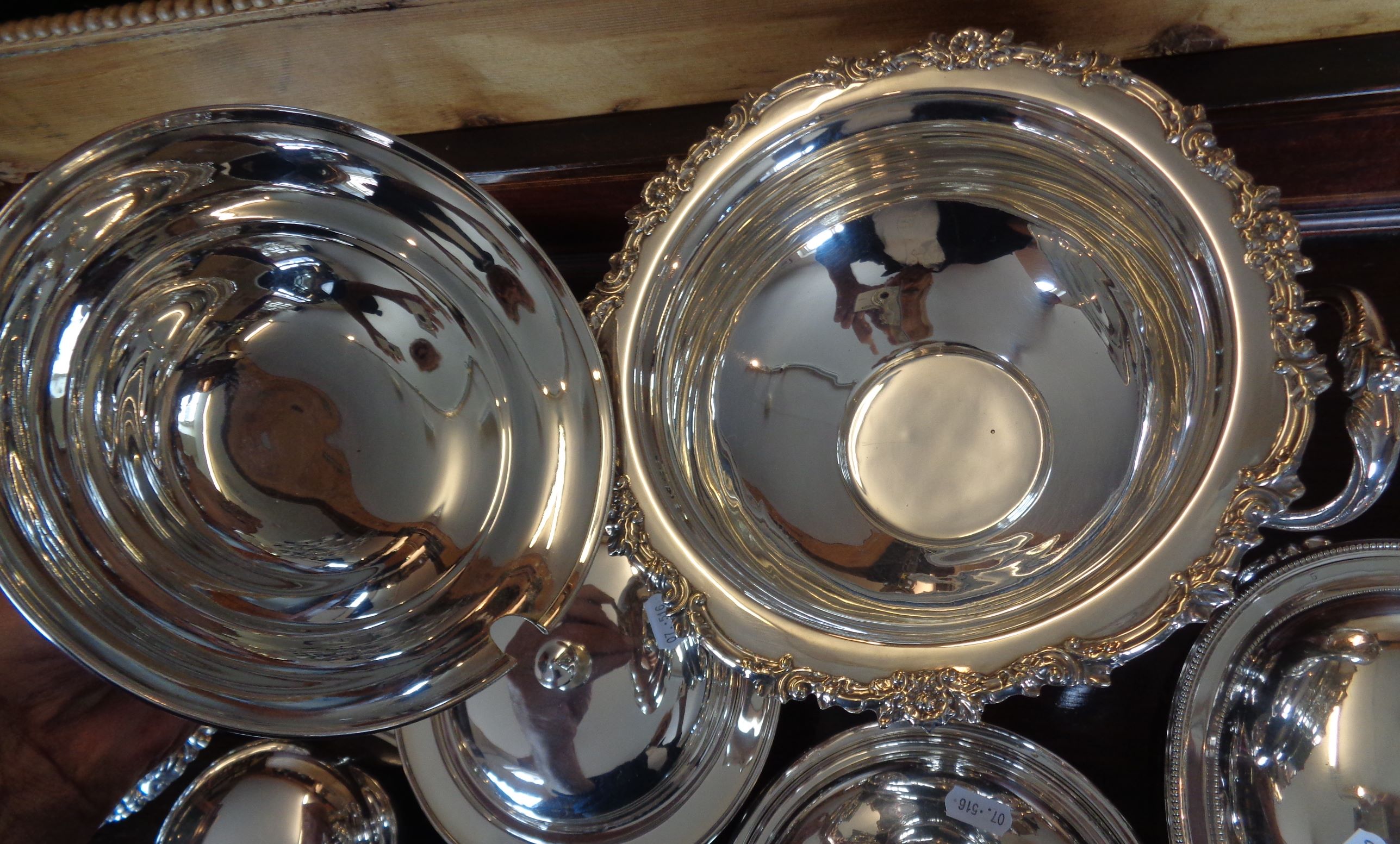 Impressive silver-plated lidded punchbowl, four silver plated entree dishes, and three other dishes - Image 2 of 3