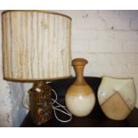 Bernard Rooke Studio pottery lamp base, c. 1970's, and two other pottery pieces