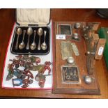 Cased set of silver teaspoons, Edwardian inkstand with plated mounts (needs assembling) and some toy