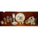 Royal Doulton "fishwives" plate, a Cloisonné vase on stand, other china and onyx etc. (one shelf)