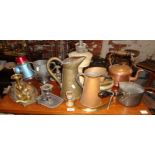 Table top of assorted metalware, inc. copper saucepan, silver plated chamberstick, etc.