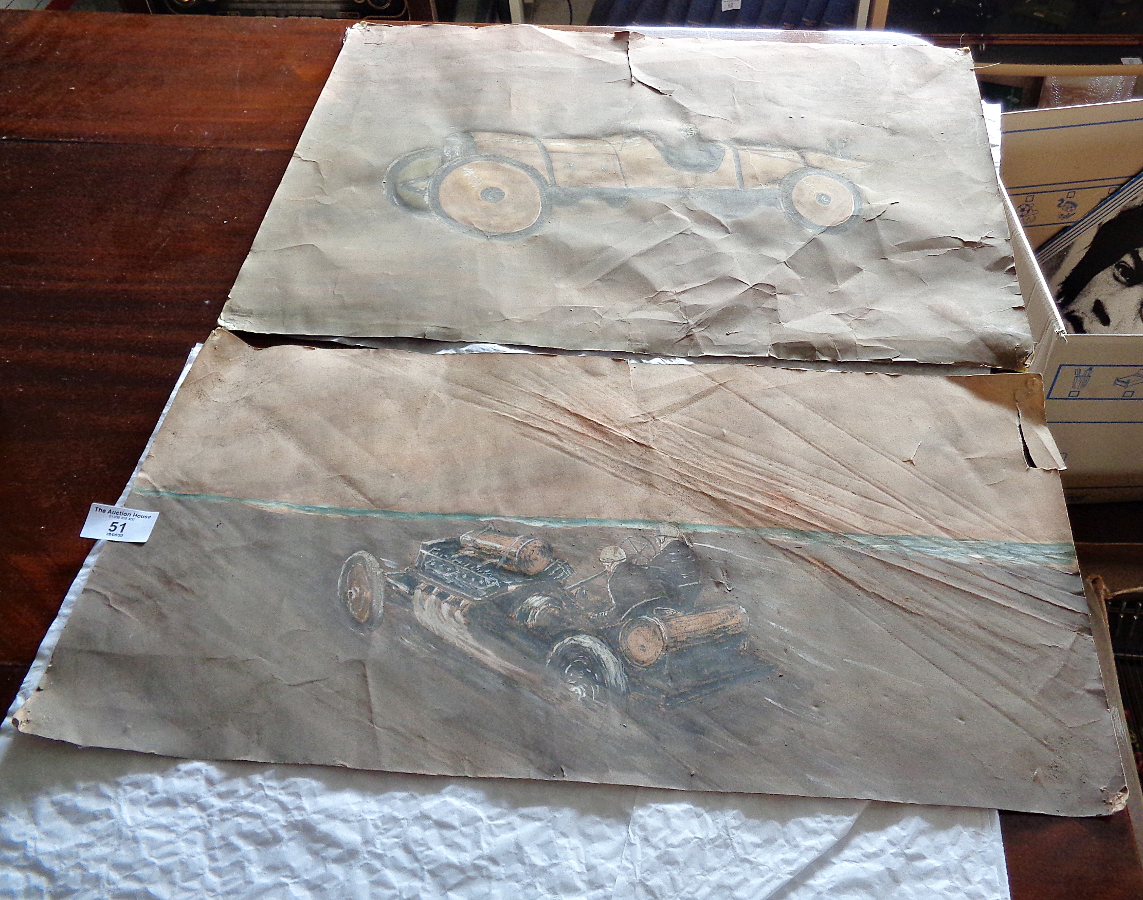 Two unframed watercolour pastels in the manner of Frederick Gordon Crosby (1855-1943) of early motor