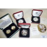 1953 Coronation commemorative coin, with COA, three Royal Mint silver proof crowns in cases with