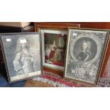 Maple framed colour engraving of Queen Victoria and two 18th c. steel engraved portraits of