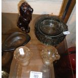 Whitefriars bark glass ashtray, pair of glass pelican egg cups, an Avon brown glass lion bottle