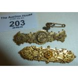 Two Victorian Etruscan style 15ct gold bar brooches, approx weight 7g