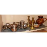 Stainless steel cookware, pair of brass candlesticks etc.